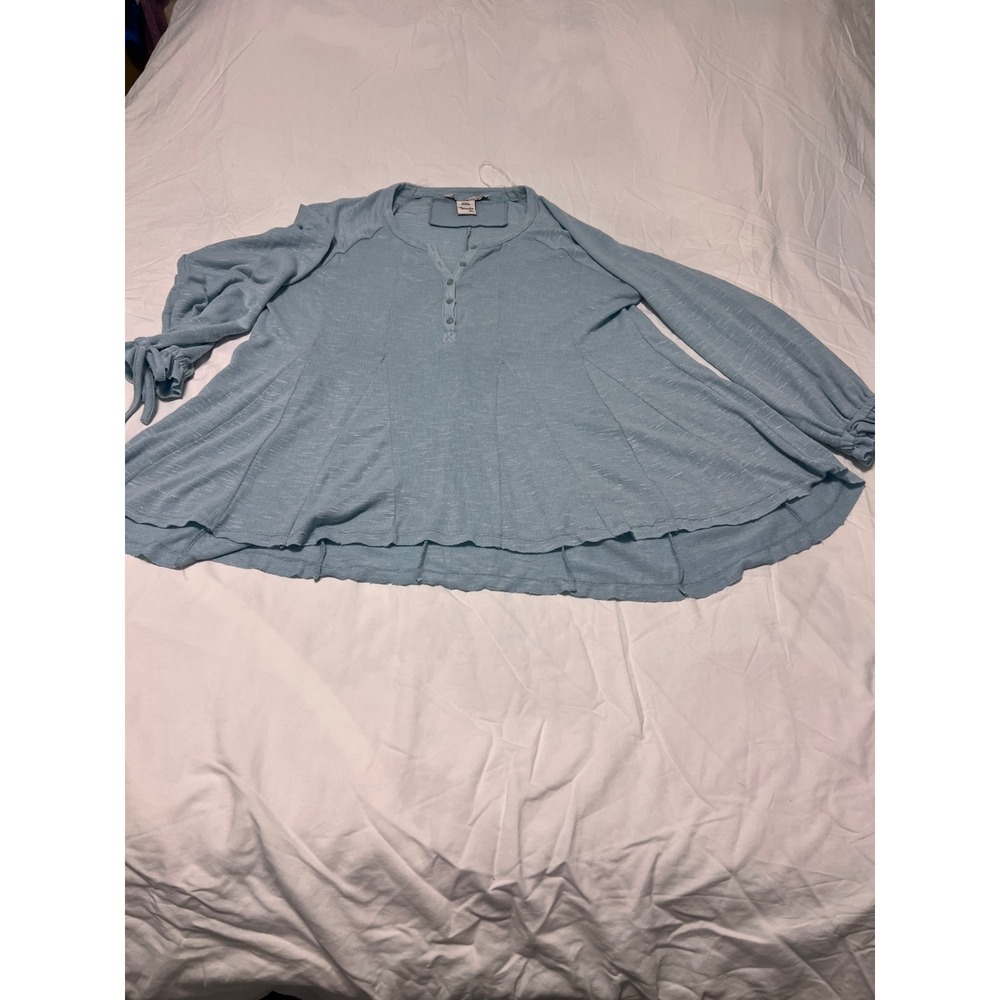 American Rag Cie Womens Blue Henley Babydoll Top Long Sleeve Ruffle Tie Cuff XL